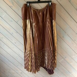 Metallic Bronze Gold Pleated Midi Skirt Elastic Waist Smocked Hem Plus Size 22W